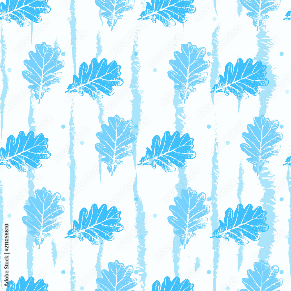Seamless pattern with contour lacy light blue leaves trees on a white background