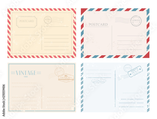 Vector illustration set of vintage postcards with stamps in retro design and pastel colors on white background.