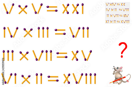 Logic puzzle game. Tasks on multiplication. In each exercise move one matchstick to make the equations balance. Vector image.