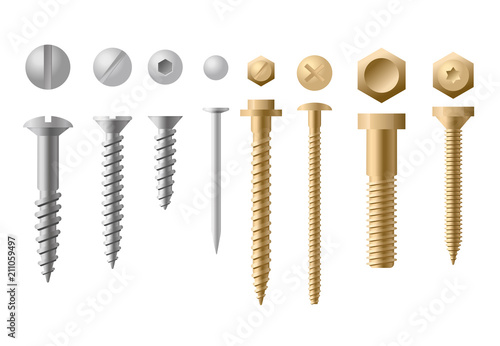 Vector illustration set of screws different types and shapes in golden and silver color on white background. Collection of Screws, Bolts, Nuts and Rivets. Top and front view.