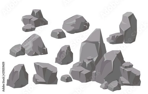 Vector illustration set of rocks and stones elements and compositions in flat cartoon style. Cartoon stone for games and backgrounds.