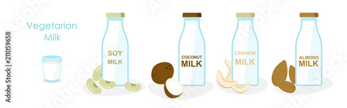Vector illustration set of vegan milk, icons collection, bottles with vegetarian or plant based milk, soya, oatmeal and coconut, almond, cashew milk in cartoon flat style.