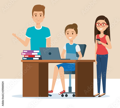 group of young people in the workplace avatars vector illustration design