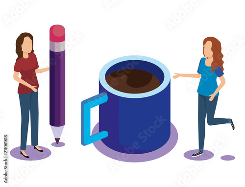 coffee cup with people isometric vector illustration design