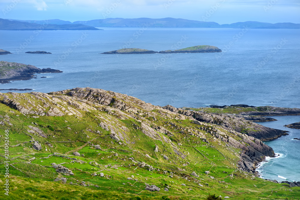Beautiful view of Derrynane Bay on the Iveragh Peninsula. Famous picturesque Ring of Kerry route of Ireland.