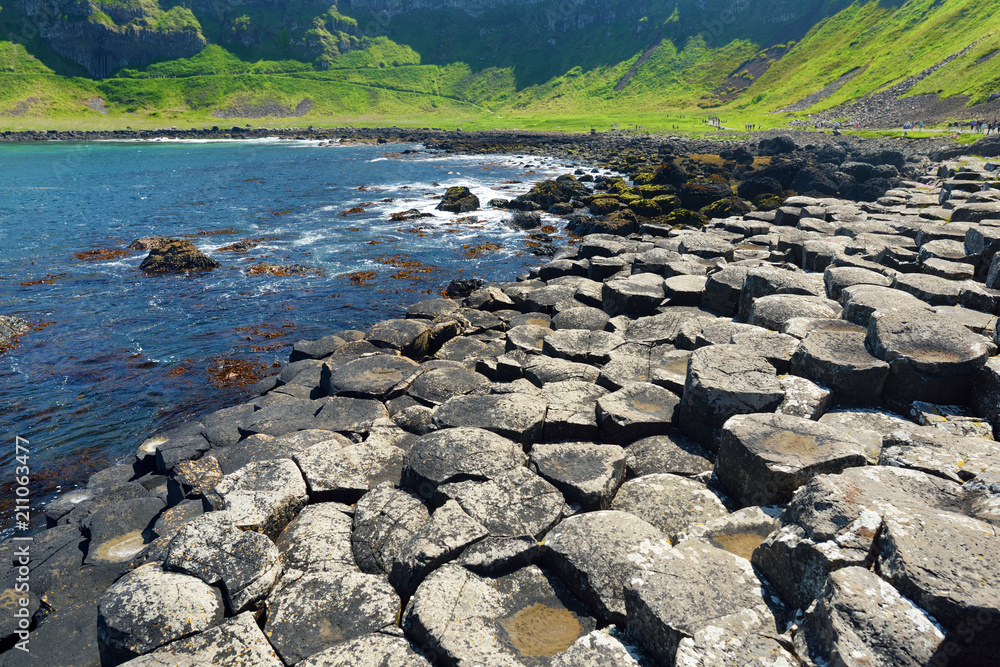 Giants Causeway, an area of hexagonal basalt stones, created by ancient volcanic fissure eruption, County Antrim, Northern Ireland. Giants Causeway, an area of hexagonal basalt stones, created by ancient volcanic fissure eruption, County Antrim, Northern Ireland.