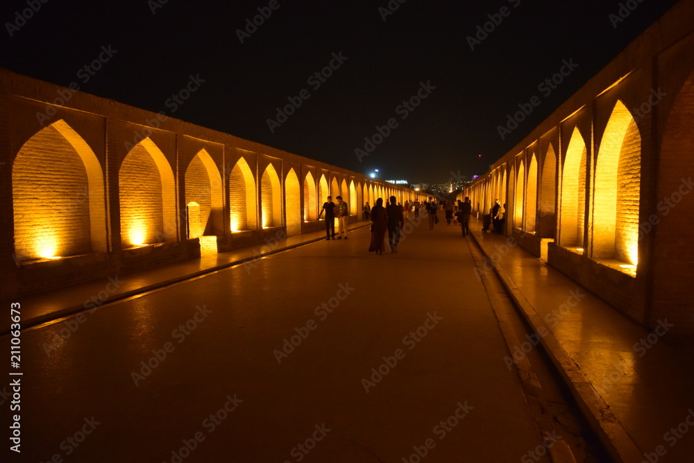 View of the bridge at night in Isfahan. Beautiful night lighting.
