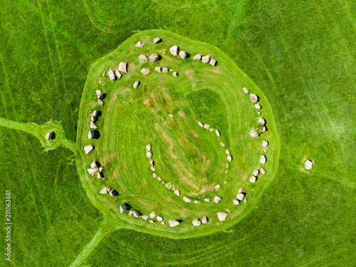 Ballynoe stone circle, a prehistoric burial mound surrounded by a circular structure of standing stones, County Down, Nothern Ireland