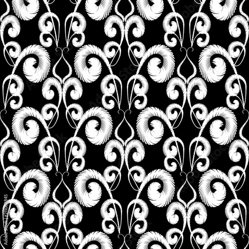 Black and white vintage embroidery style vector seamless pattern