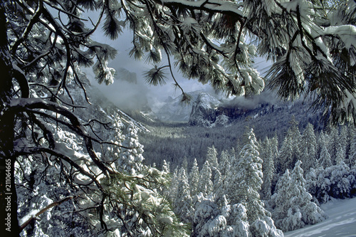 View from Wawona Tunnel. Fisrt Snow of the season, Yosemite Valley, California photo
