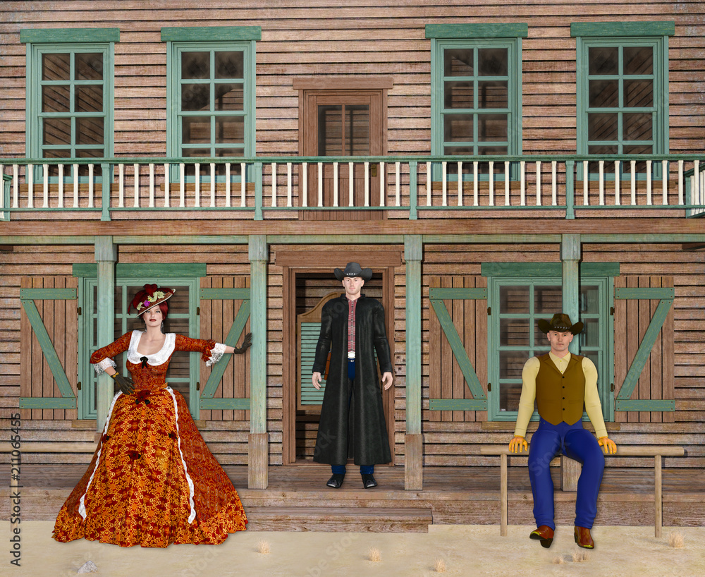 3D Illustration of Wild West Saloon with Cowboys and Madam 3D Illustration of Wild West Saloon with Cowboys and Madam