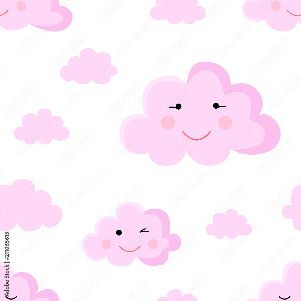 Seamless pattern cartoon image of pink clouds. Illustration for girls at a baby shower party. Background for greeting or invitation cards. Seamless pattern cartoon image of pink clouds. Illustration for girls at a baby shower party. Background for greeting or invitation cards.