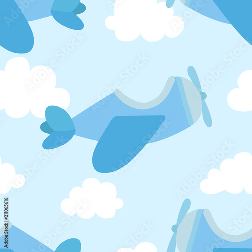 Seamless pattern of airplane image and clouds in blue shades. Illustration for a boy at a baby shower party. Background for greeting or invitation cards.