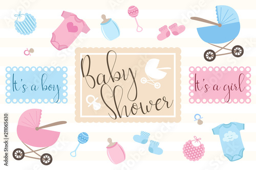 Set of objects for invitation cards for newborns on the Babie shower party. Illustration for boys and girls in blue and pink tones on a light background with the inscriptions.