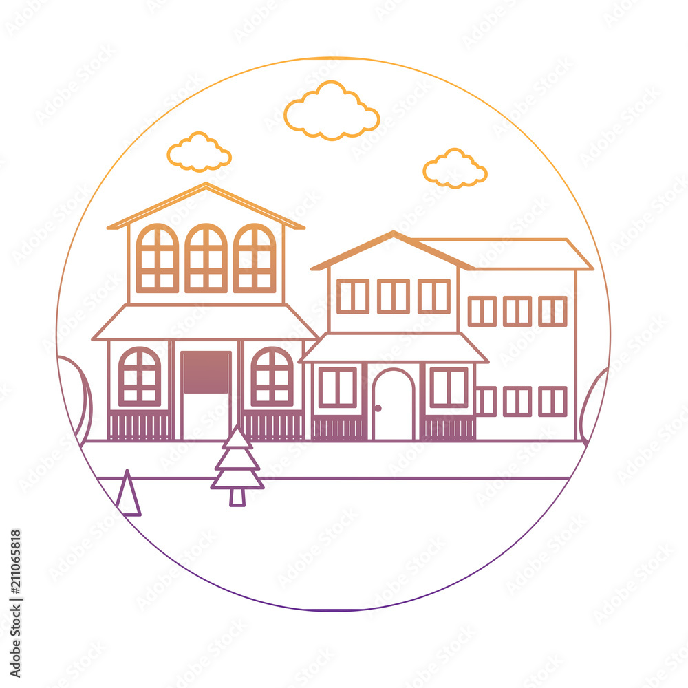 Frame in circle shape with traditional houses in a landscape over white background, colorful design. vector illustration Frame in circle shape with traditional houses in a landscape over white background, colorful design. vector illustration