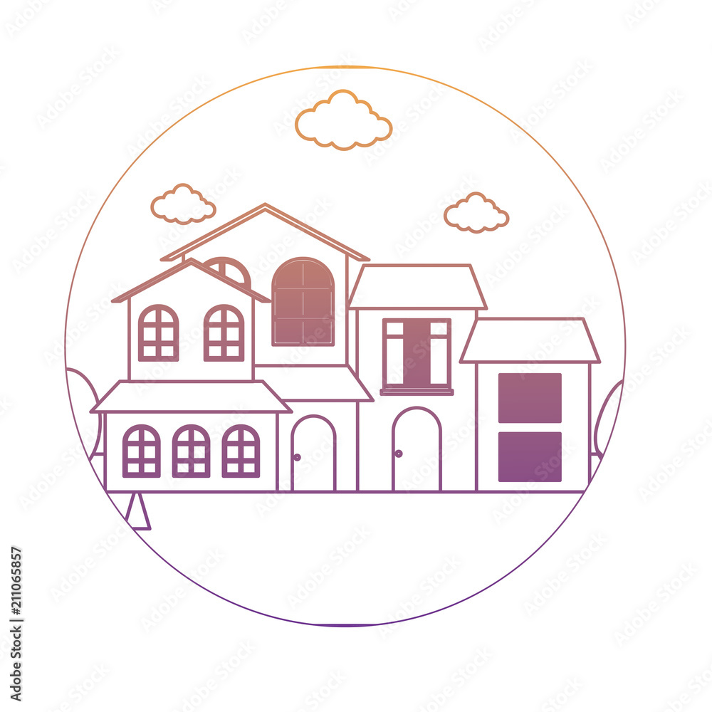 Frame in circle shape with traditional houses in a landscape over white background, colorful design. vector illustration Frame in circle shape with traditional houses in a landscape over white background, colorful design. vector illustration