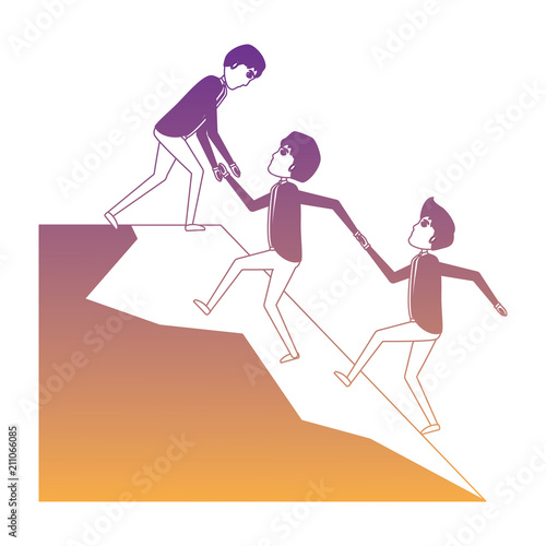 Cartoon businessman helping a others businessmen climb to the top over white background, vector illustration
