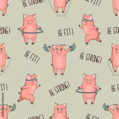 Cute cartoon pigs exercising seamless pattern. Vector fitness print.