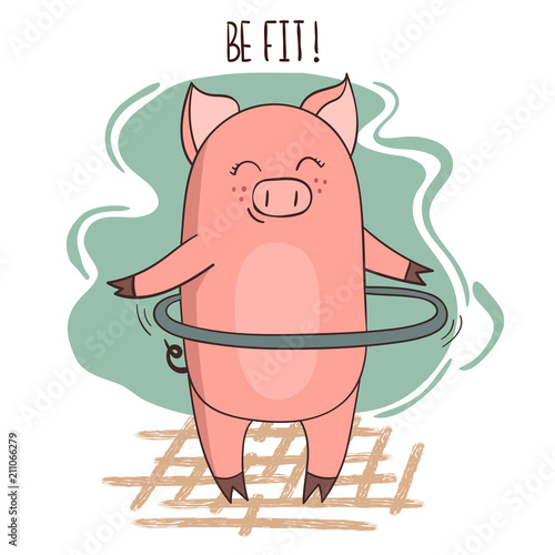 Cute cartoon pig exercising with hula hoop. Vector fitness illustration.