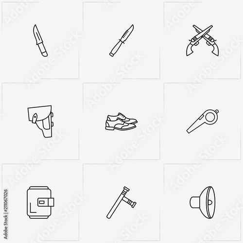 Police line icon set with holster, wallet and truncheon
