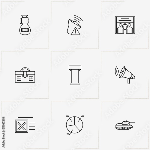 Politic line icon set with money bag, not approved and jury