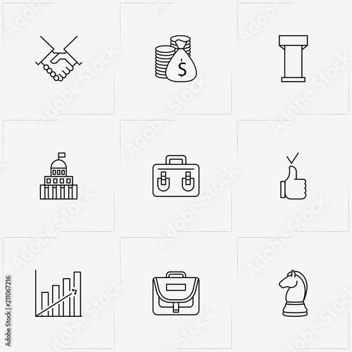 Politic line icon set with partnership , tribune and government building