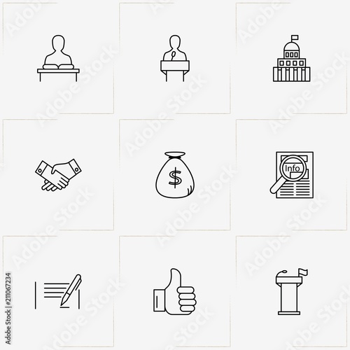 Politic line icon set with partnership , newspaper and tribune