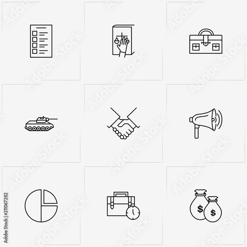 Politic line icon set with oath , percentage graph and vote list