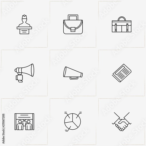 Politic line icon set with percentage graph, jury  and loudspeaker