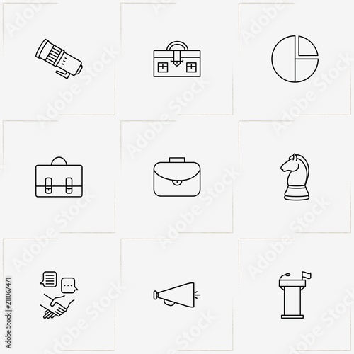 Politic line icon set with loudspeaker, percentage graph and tribune