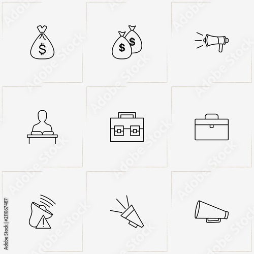 Politic line icon set with case, lecturer  and loudspeaker
