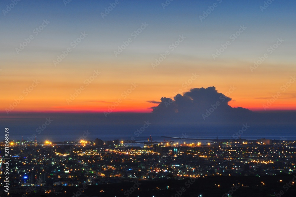 Beautiful sunset and night view of coastline at evening in Shalu, Taichung, Taiwan