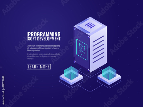 Server hardware, web hosting, computer software, cloud storage, data protection and encryption, programming automated systems concept