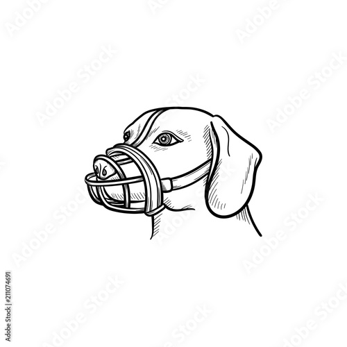 Dog with a muzzle hand drawn outline doodle icon. Pets in the city life and safety dog walking concept. Vector sketch illustration for print, web, mobile and infographics on white background.