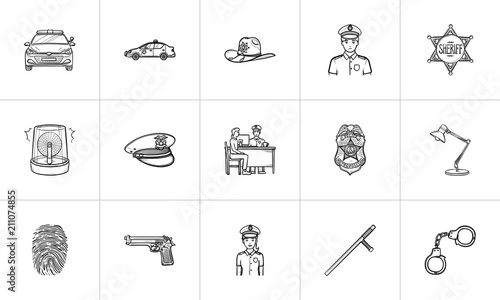 Police hand drawn outline doodle icon set. Outline doodle icon set for print, web, mobile and infographics. Policeman, emergency, crime vector sketch illustration set isolated on white background.