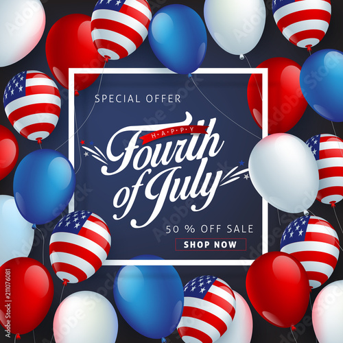 Independence day USA sale promotion banner template american balloons flag decor.4th of July celebration poster template.fourth of july voucher discount.Vector illustration .