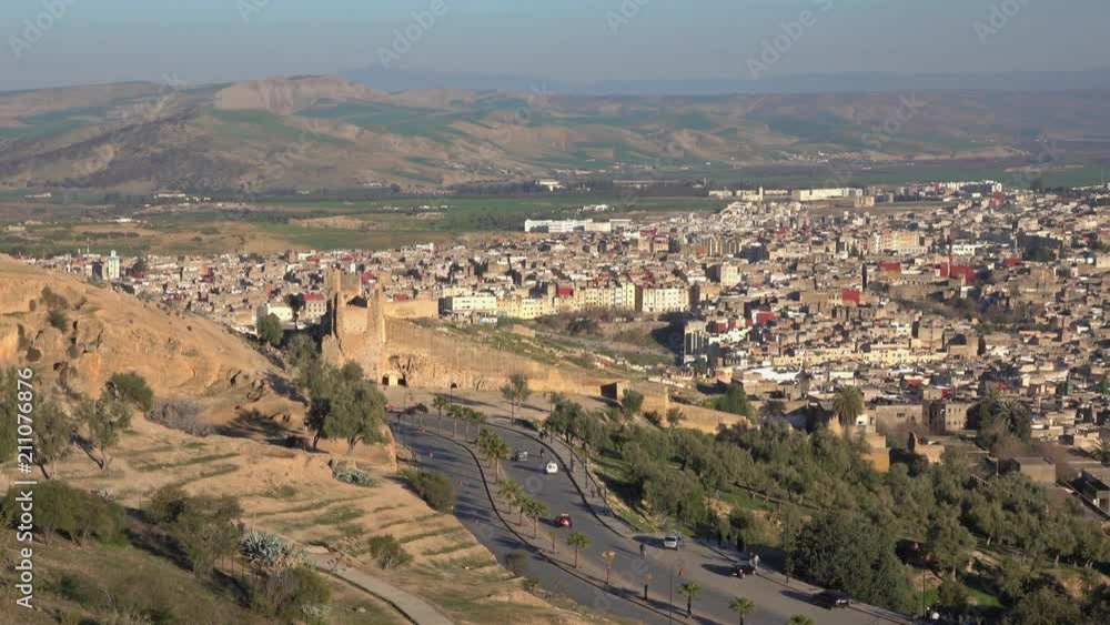 Panorama view of the old Medina in Fes at sunset, Morocco (Fes El Bali Medina), 4k Panorama view of the old Medina in Fes at sunset, Morocco (Fes El Bali Medina), 4k