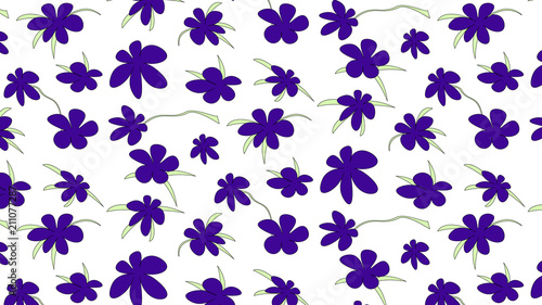Seamless floral pattern - ultra violet colored flowers and styled green leaves. Natural background. No gradiient, no transparency.