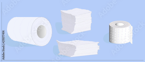 Paper tissue rolls and stacked paper napkins. Hygienic disposables - white kitchen towels, napkins and toilet paper. Set of rolls and stacks. Blue background.