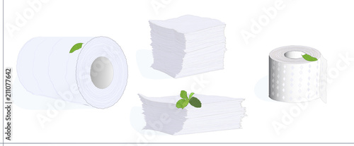 Paper tissue rolls and stacked paper napkins. Hygienic disposables - white kitchen towels, napkins and toilet paper. Set of rolls and stacks. 
