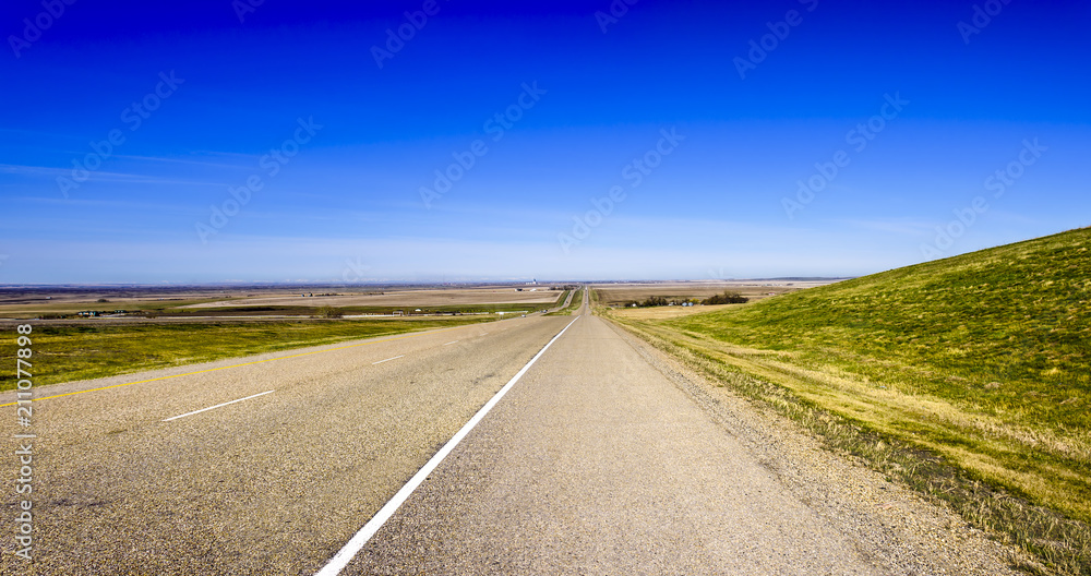 panorama of a long asphalt road between fields with green grass, a dense blue sky
