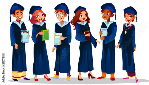 College or university graduates vector illustration of students in blue graduation gown and caps. School students of Afro American boy and Indian girl happy with education diploma or award medal