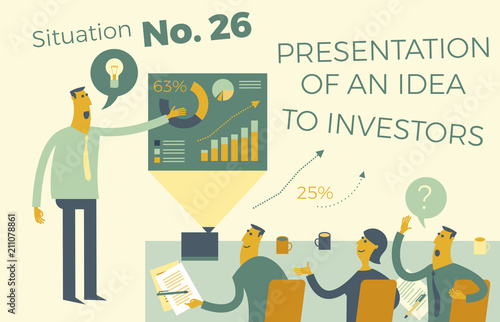Business infographics with illustrations of business situations. A man defends the project in front of an audience. Idea presentation. Report of the startup project for the investor Commission. Flat