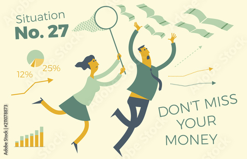 Business infographics with illustrations of business situations. Man and woman catching money with a hand and a butterfly net. Don't lose your money. Lost opportunities.  To catch a profit. Startup.