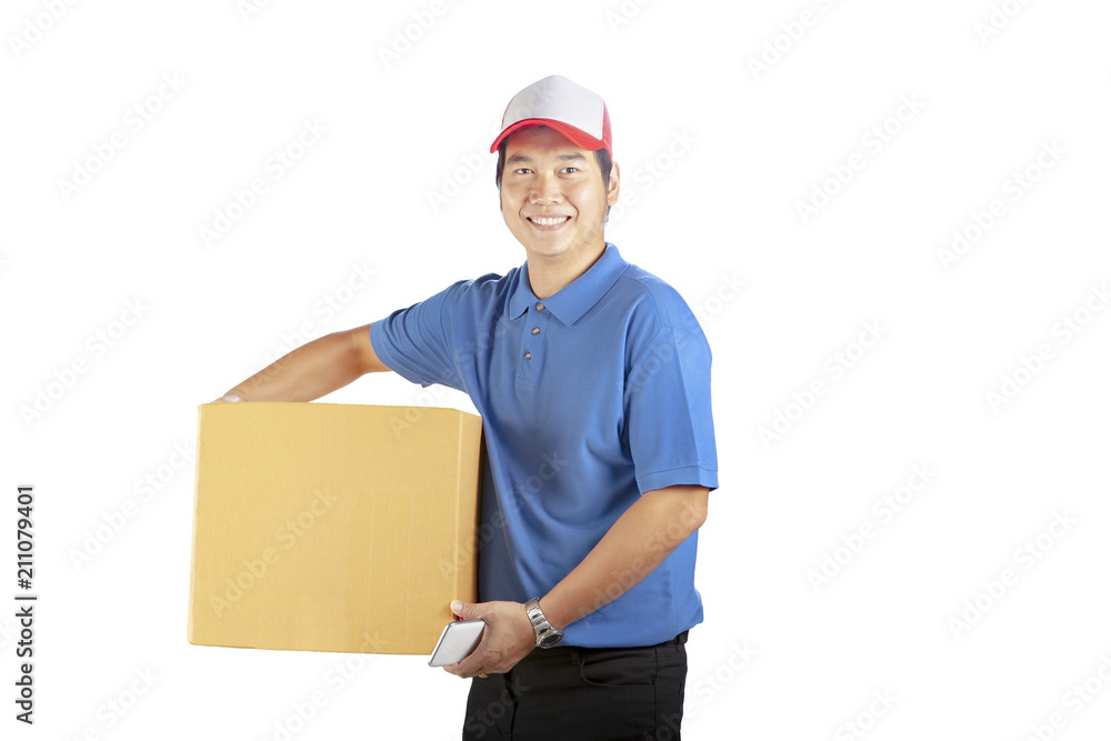 delivery man holding cardbox toothy smiling face with professional service mind isolated white background delivery man holding cardbox toothy smiling face with professional service mind isolated white background