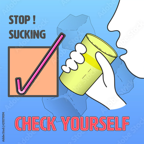Plastic straw flat icon as a gimmick to check yourself for plastic habit. Stop sucking concept. Vector illustration.