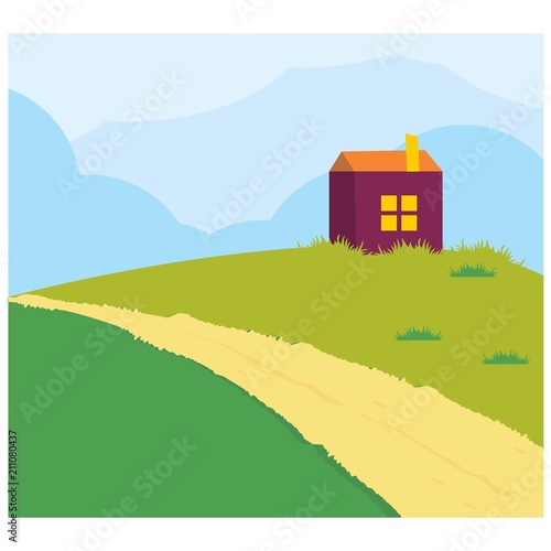 purple house in the muddle of meadow scenery landscape background