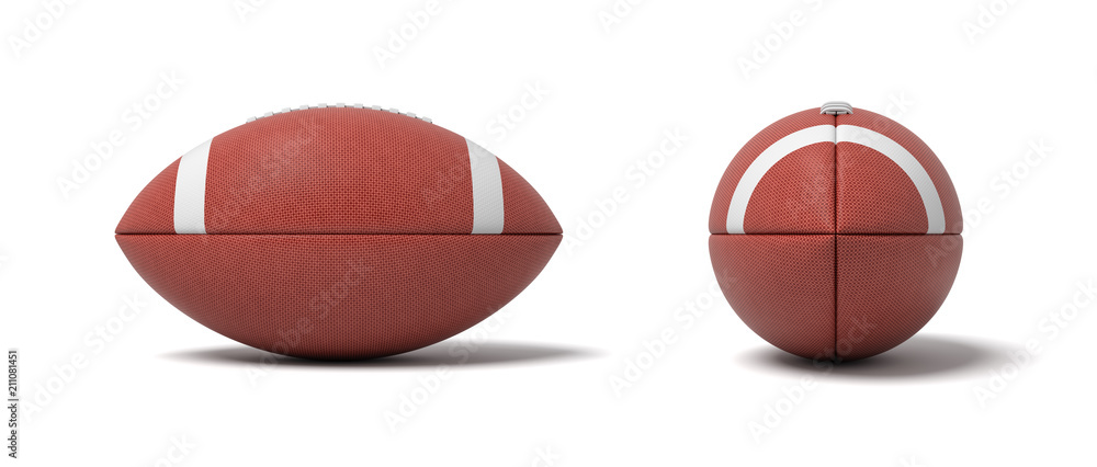 3d rendering of a two red oval balls for American football in front and side views.