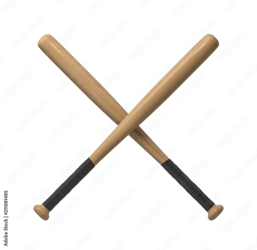 3d rendering of two wooden baseball bats with handle wraps making a cross shape on a white background. 3d rendering of two wooden baseball bats with handle wraps making a cross shape on a white background.