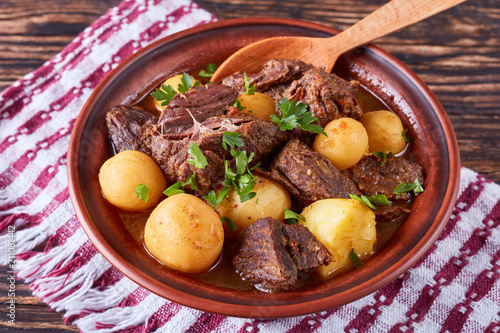 hot Beef Stew in a clay bowl